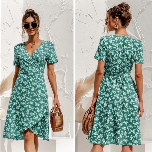 Dresses & Skirts - Green Floral Wrap Front Asymmetrical Dress (Plus Sizes Avail)